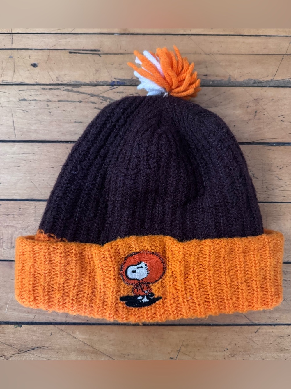 Vintage knit snoopy ski hat orange brown peanuts vtg 1958 1950s winter Pom Pom